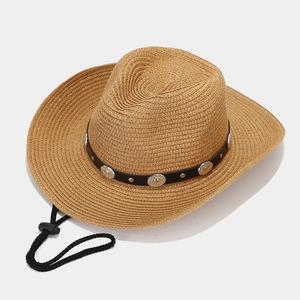 Straw sun hat with western cowboy style, black leather band and windproof cord detail