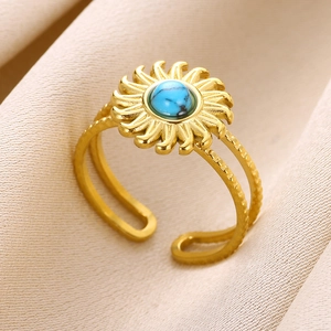 Macro shot of gold sunflower ring with turquoise inlay and adjustable band detail