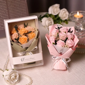 Elegant artificial soap rose bouquets in orange and pink with luxury gift box packaging