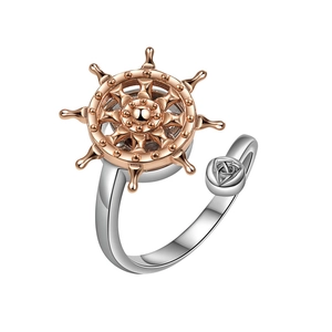 Rotating stainless steel star chart and helm anxiety ring with rose gold accent