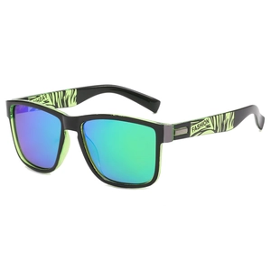 Detail view of square frame cycling sunglasses with black-green rim and blue-green lenses