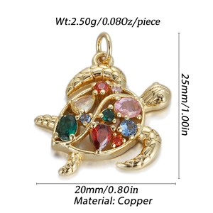 Golden sea turtle pendant with multi-color stones and detailed size measurements