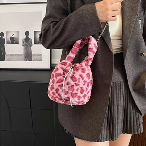 Pink plush faux fur leopard print handbag with gold chain strap for women