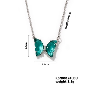 Detail view of butterfly necklace with green zircon wings and 40+5cm chain specs
