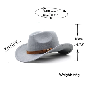 Classic grey wool western cowboy hat with brown belt trim and detailed size measurements