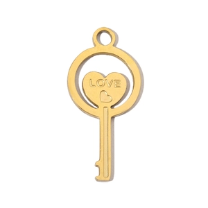 Detailed view of a gold stainless steel key pendant featuring an engraved heart with LOVE