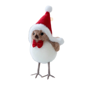 Cute plush Christmas bird figurine with red hat and bow for festive home holiday decor