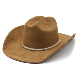 Brown western cowboy wool felt hat with decorative braided band and wide brim