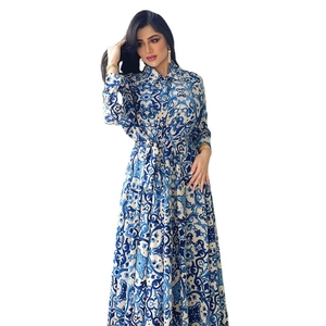 Chic blue and white floral printed maxi dress with long sleeves and belted waist for women