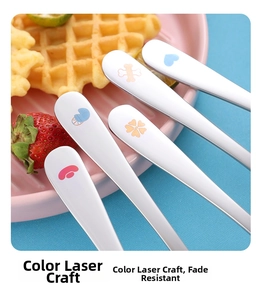 Detail of laser-etched colorful icons on 304 stainless steel baby feeding spoons