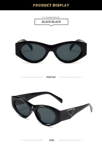 Detailed view of black oval sunglasses featuring a silver triangle metal accent on the temple