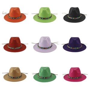 Flat brim wool felt fedora hats with ethnic beaded bands in nine vibrant colors