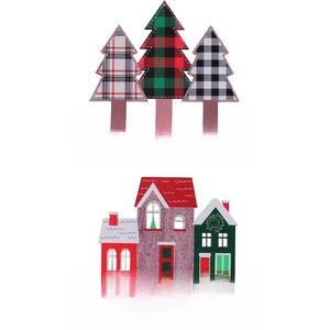 Christmas wooden house and tree table ornaments with festive greetings and plaid patterns