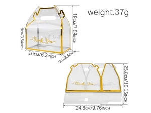 Detailed view of PVC gift box showing assembly dimensions and gold trim design