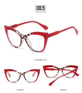 Three views of cat-eye anti-blue light glasses in red and tortoiseshell leopard print