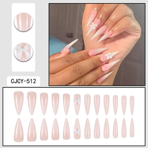 Pink and white gradient long stiletto press-on nails with 3D bow decoration kit