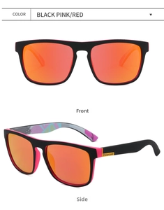 Front and side view of polarized black-pink sunglasses with red mercury lenses