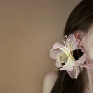 Detail van een roze en gele leliebloem haarklem gedragen door een model in haar