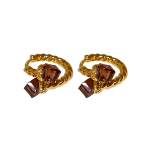 Elegant gold-plated twist hoop earrings with amber square zircon stones for women