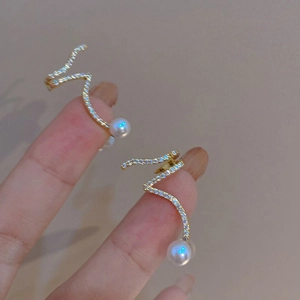 Elegant gold wave earrings with micro-paved zircons and white round pearls for women
