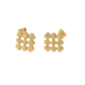 Minimalist gold geometric woven square stud earrings with polished metallic texture