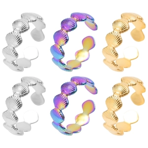 Stainless Steel Shell Open Ring Adjustable Scallop Pattern Retro Beach Style Jewelry For Women Men