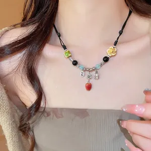 Zen retro ceramic necklace with red apple pendant and silver fortune charms