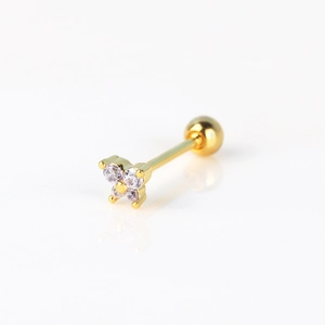 Detail of gold flower helix stud with white zircon and screw ball back closure