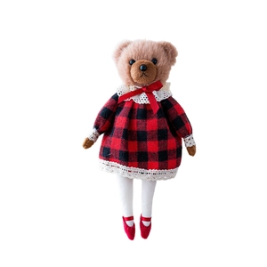 Plush teddy bear keychain accessory wearing red plaid dress with white lace trim and shoes