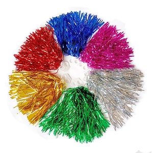 Set of six colorful metallic cheerleading pom poms with handles in a circular layout