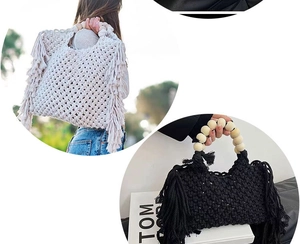 Detail of woven mini bag with long tassels and beaded handle on wooden stand