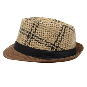 Plaid straw fedora hat with black ribbon band and short brim for outdoor summer style