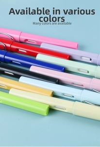 Macro shot of colorful inkless pencils with U-shaped clips and ink windows on blue background