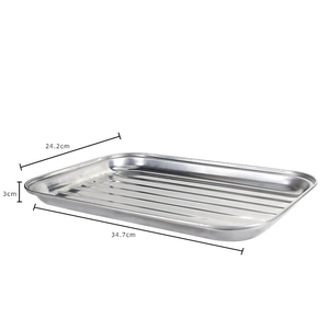 Macro detail of a 34.7cm stainless steel BBQ tray showing reinforced wavy bottom and edges