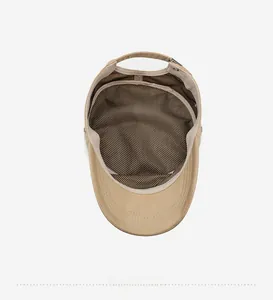 Detail view of khaki military cap showing breathable mesh lining and sweatband stitching