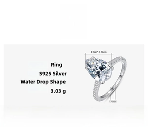 Detail showing 3ct pear-cut cubic zirconia on S925 silver ring with dimensions and specs