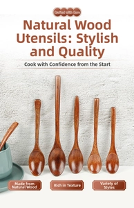 Set of five long-handled wooden spoons with natural grain for kitchen and dessert use