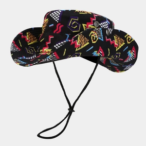 Detailed view of western bucket hat with 90s retro geometric pattern and windproof cord