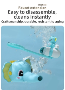 Detail view of the cute blue elephant faucet extender with splashing water drops