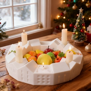 Nordic house ring candle holder mold detail with white plaster texture and fruit decor