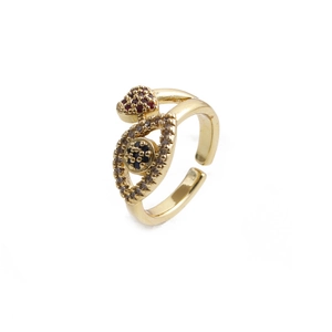 Golden adjustable open ring with evil eye and heart design with colorful zircon stones