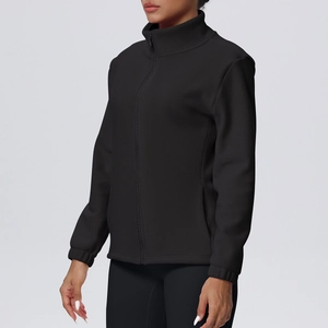 Side view detail of slim fit black fleece jacket with stand collar and zipper closure