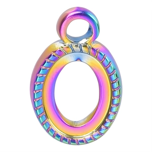 Macro shot of oval rainbow stainless steel pendant with twisted rope texture edge