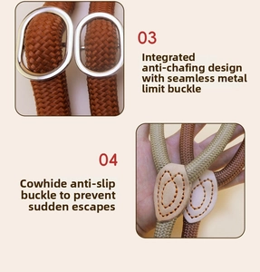 Detail of metal limit buckle and cowhide fastener for dog leash safety and anti-escape