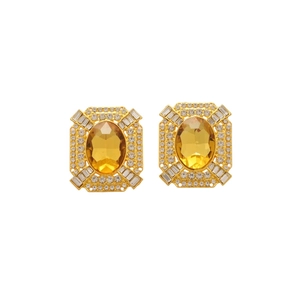 Vintage gold square earrings with amber crystal and sparkling rhinestones on white background