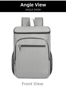 Front view of grey insulated outdoor backpack with mesh side pockets and zipper compartment