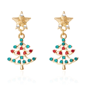 Close-up of Christmas tree earrings with gold stars, white pearls and colorful rhinestones
