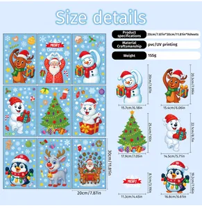 Size chart for 9-sheet Christmas window stickers including Santa and Snowman measurements