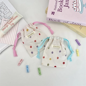 Polka dot drawstring storage bags for students with portable cotton linen organizers