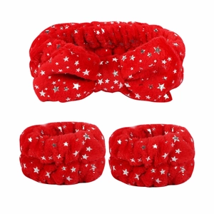 Red plush spa headband and wristband set with silver star foil patterns for face washing